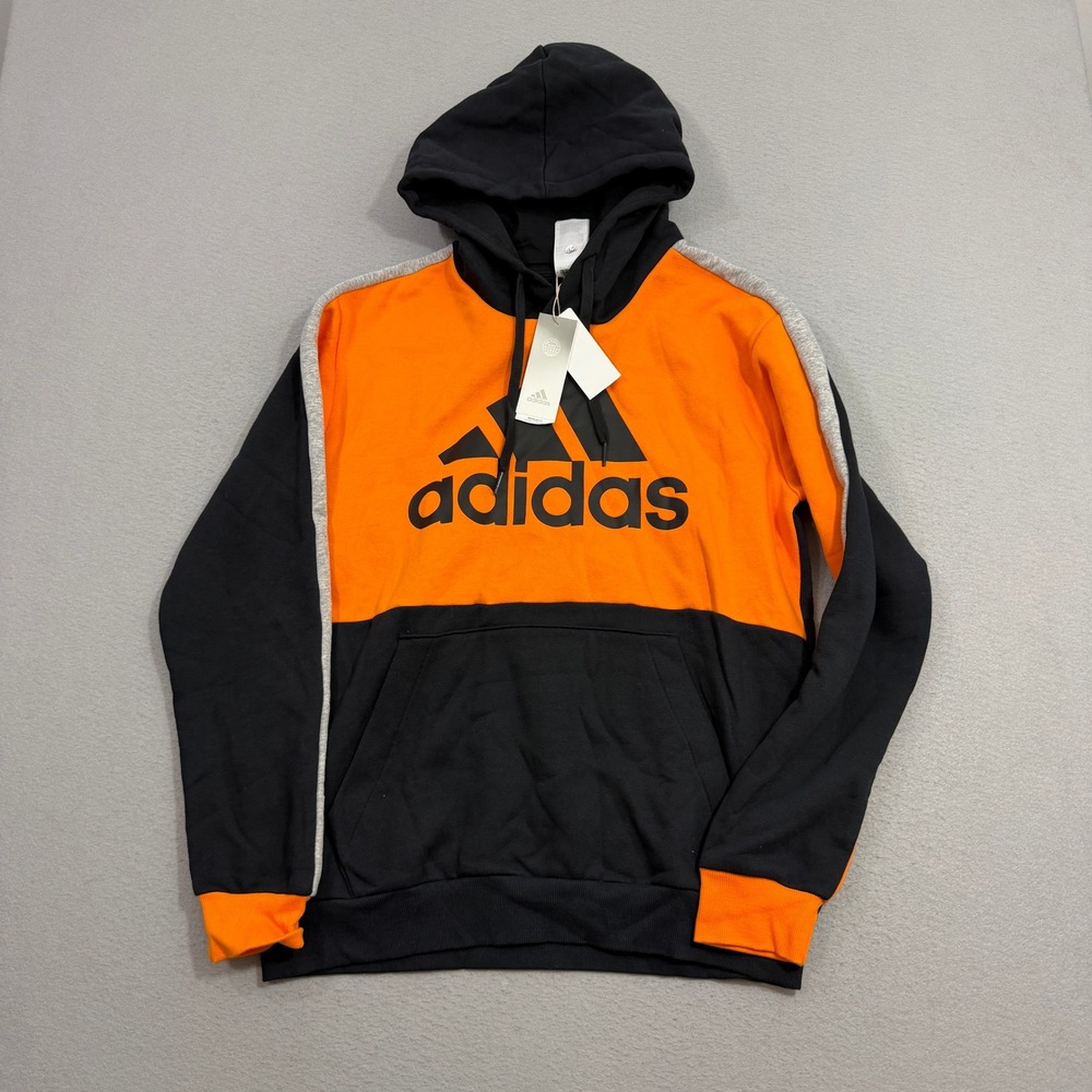 Adidas Sweatshirt Mens Medium Orange Pullover Hoodie Colorblock Logo HE4326 NEW